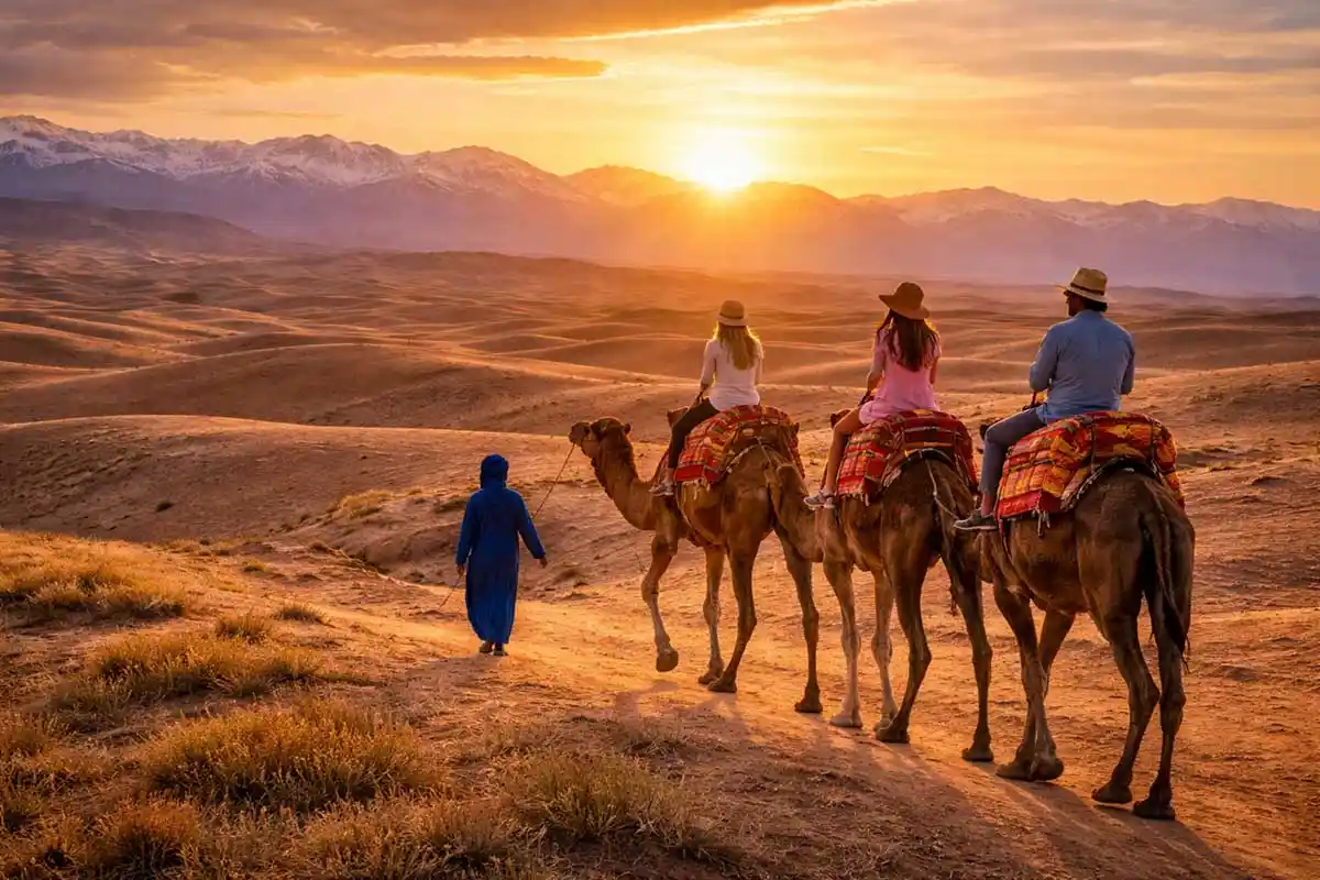 Coucher de soleil doré sur le désert d'Agafay près de Marrakech avec silhouettes de chameaux et cavaliers