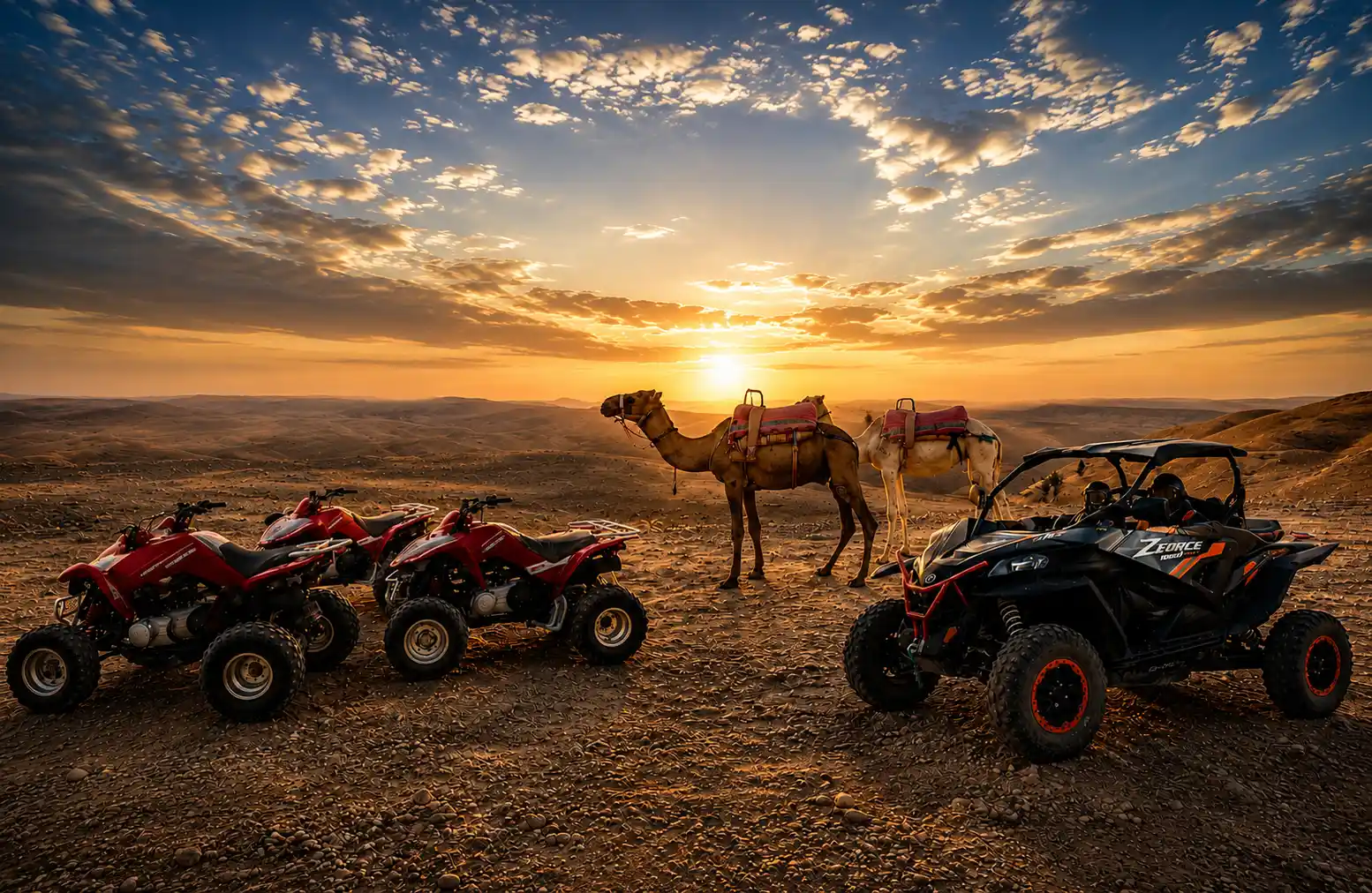 Golden sunset over the Agafay Desert near Marrakech with silhouettes of camels and riders