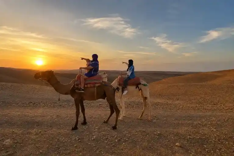 Camel riding towards a colorful sunset in the Agafay Desert